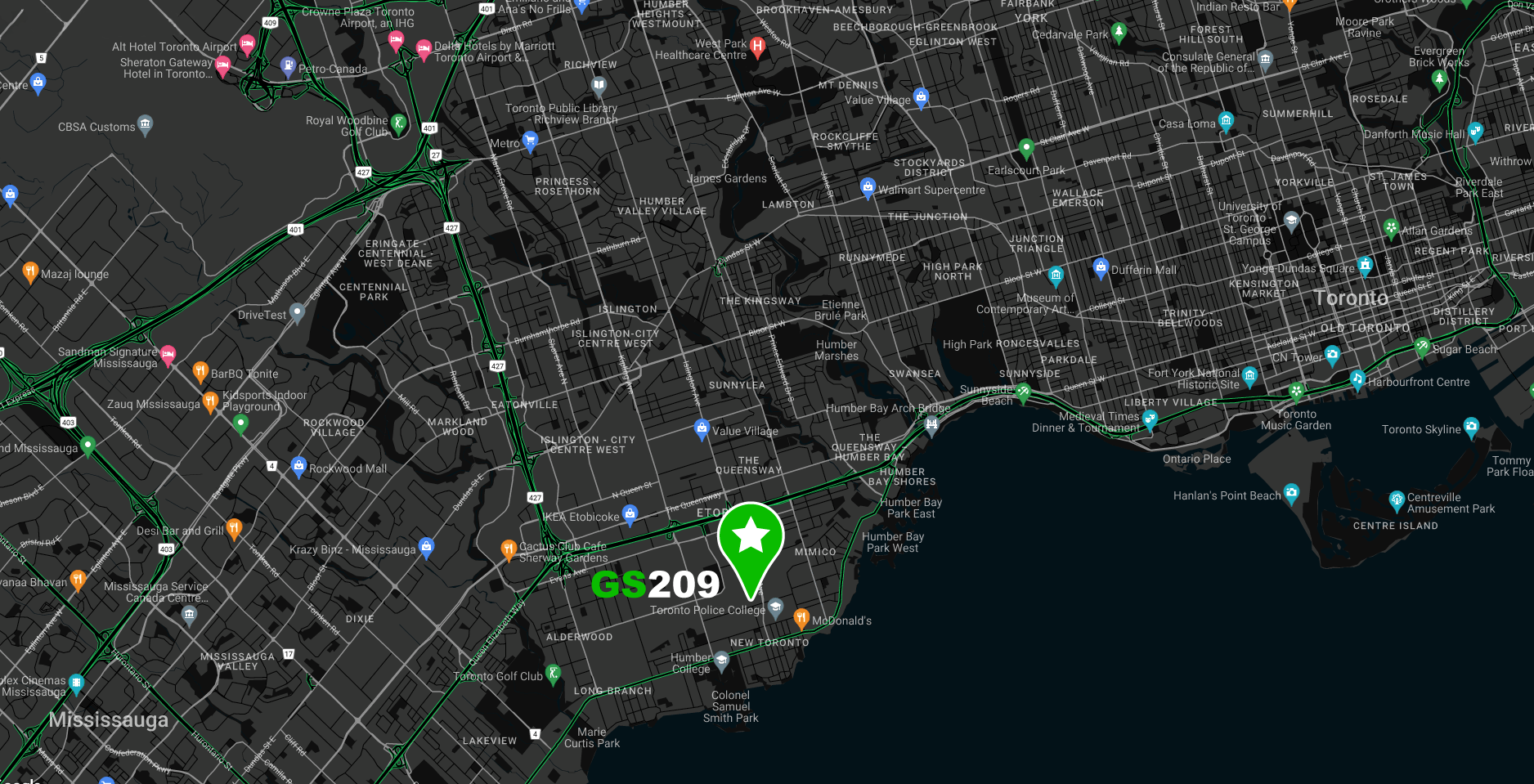a location map of green screen rental studio gs209 in etobicoke